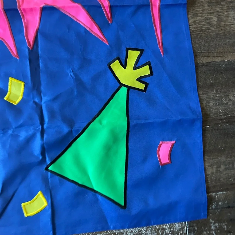 Vintage Style Party Garden Flag Blue Neon Pink Applique Celebration 28x40